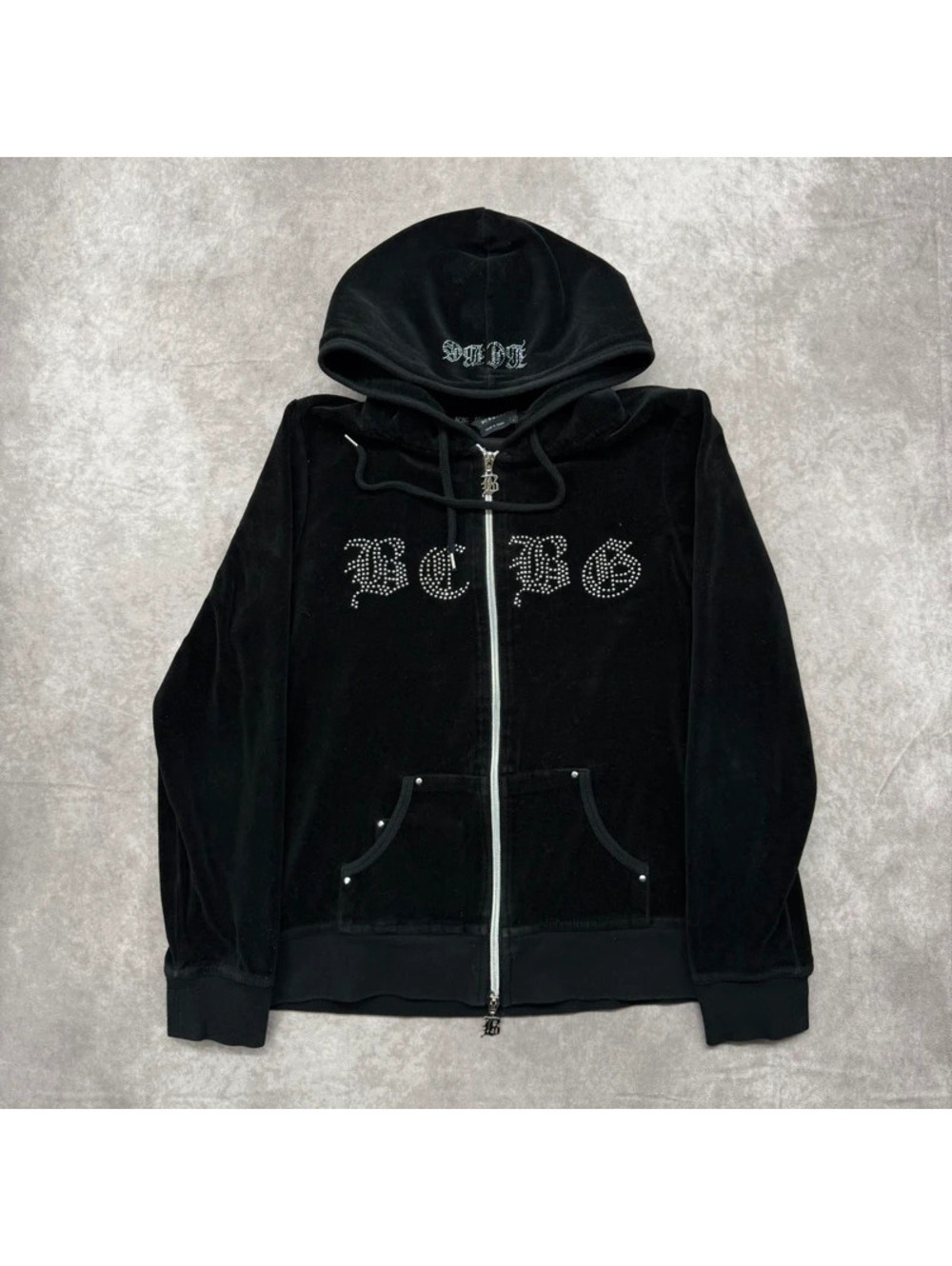 Vintage Y2K BCBG Max Azria Black Velour Rhinestone Zip Up Hoodie Sweater Large